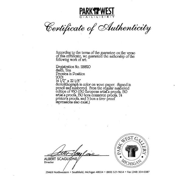 "Peonies in Position" by Tina Smith Seriolithograph Appraised at $350 - Picture 6 of 7